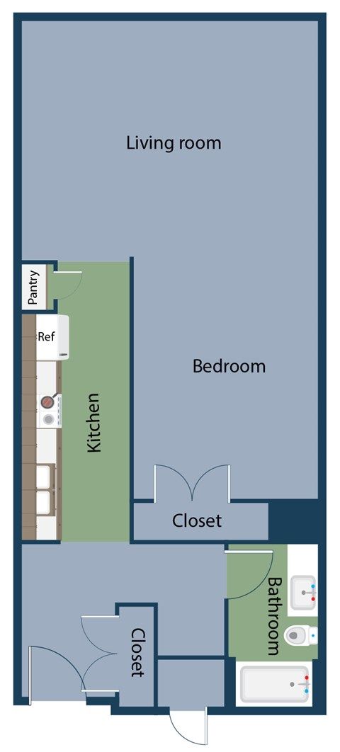 Floor plan for 1 bed, 1 bath, 938 sqft